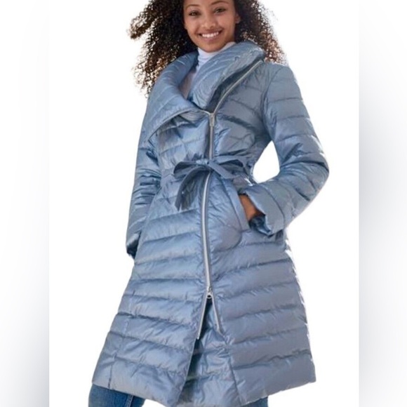 Venus Long Metallic Belted Puffer Coat Slate Blue Grey Size 6 - Picture 1 of 3
